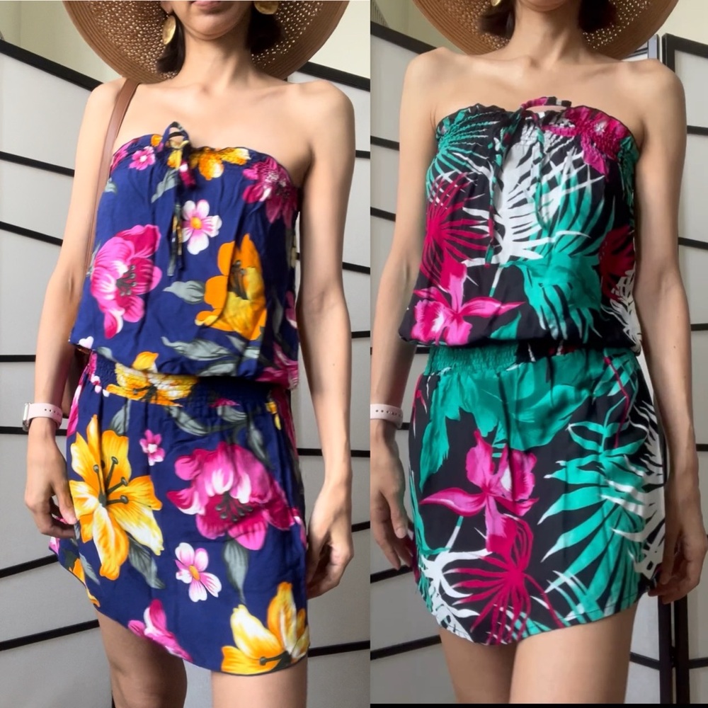 Hula Bay Hawaiian Print Dresses Smocked Small Palms Hibiscus Dress Beach Coverup